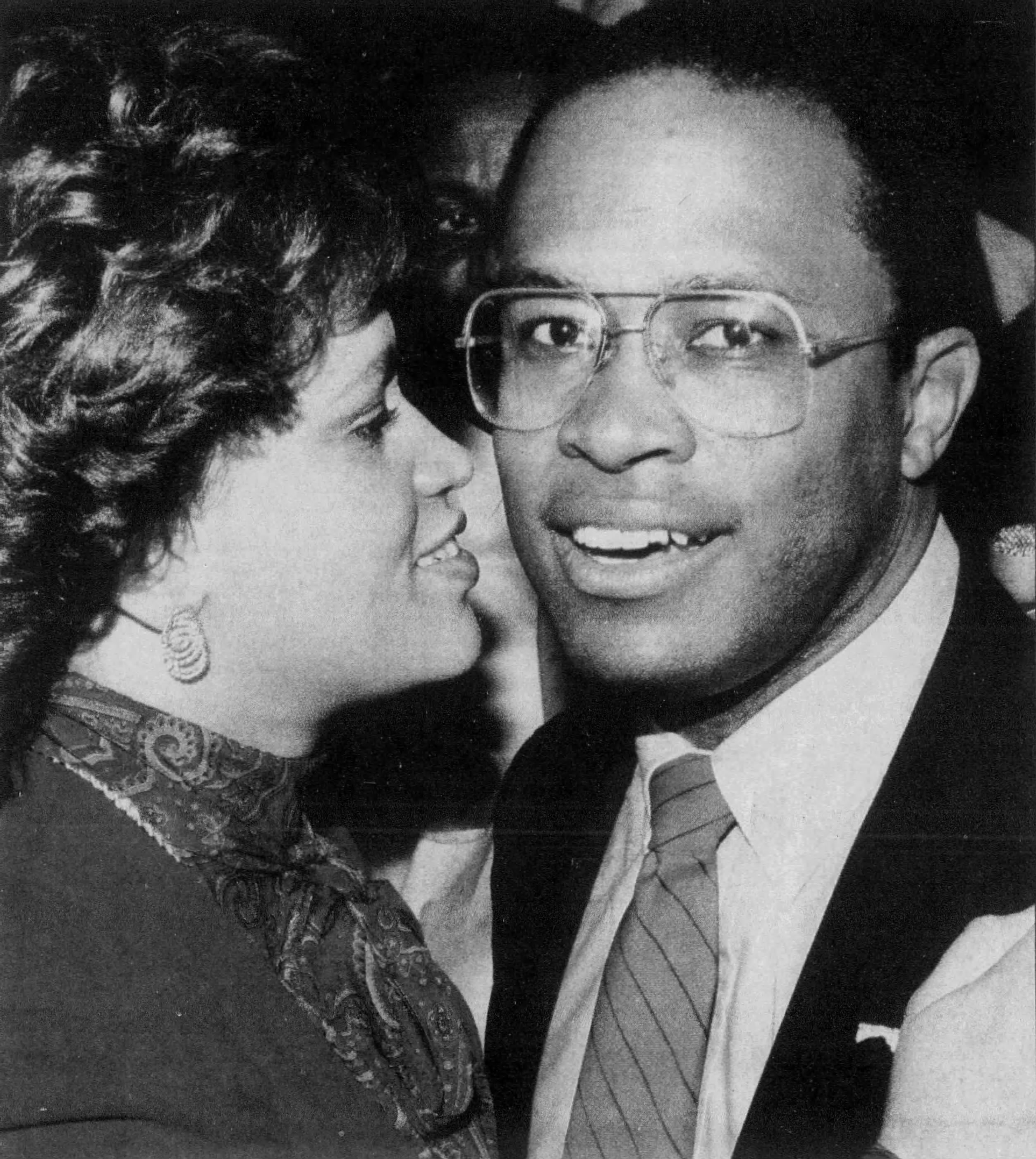 Kurt Schmoke celebrating with his wife after becoming mayor of Baltimore in 1987.
