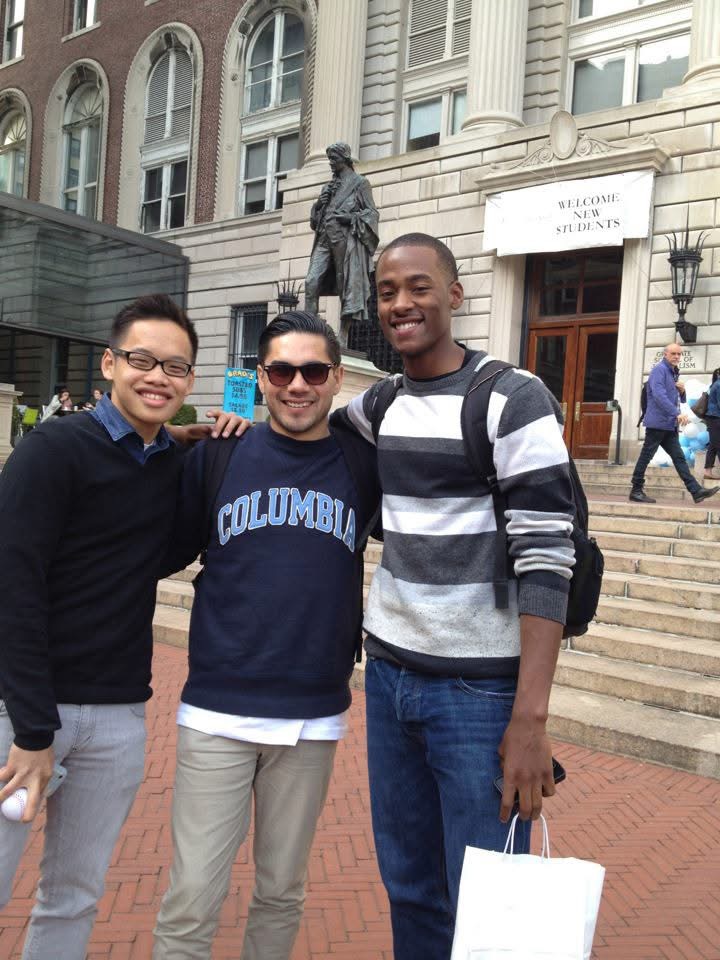Stephon Dingle with his J-school colleagues Jason and Justin outside Columbia Journalism School.